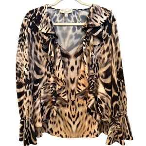 Black Label by Chico’s Leopard Print V Neck Bell Sleeve Ruffle Blouse Sz L
